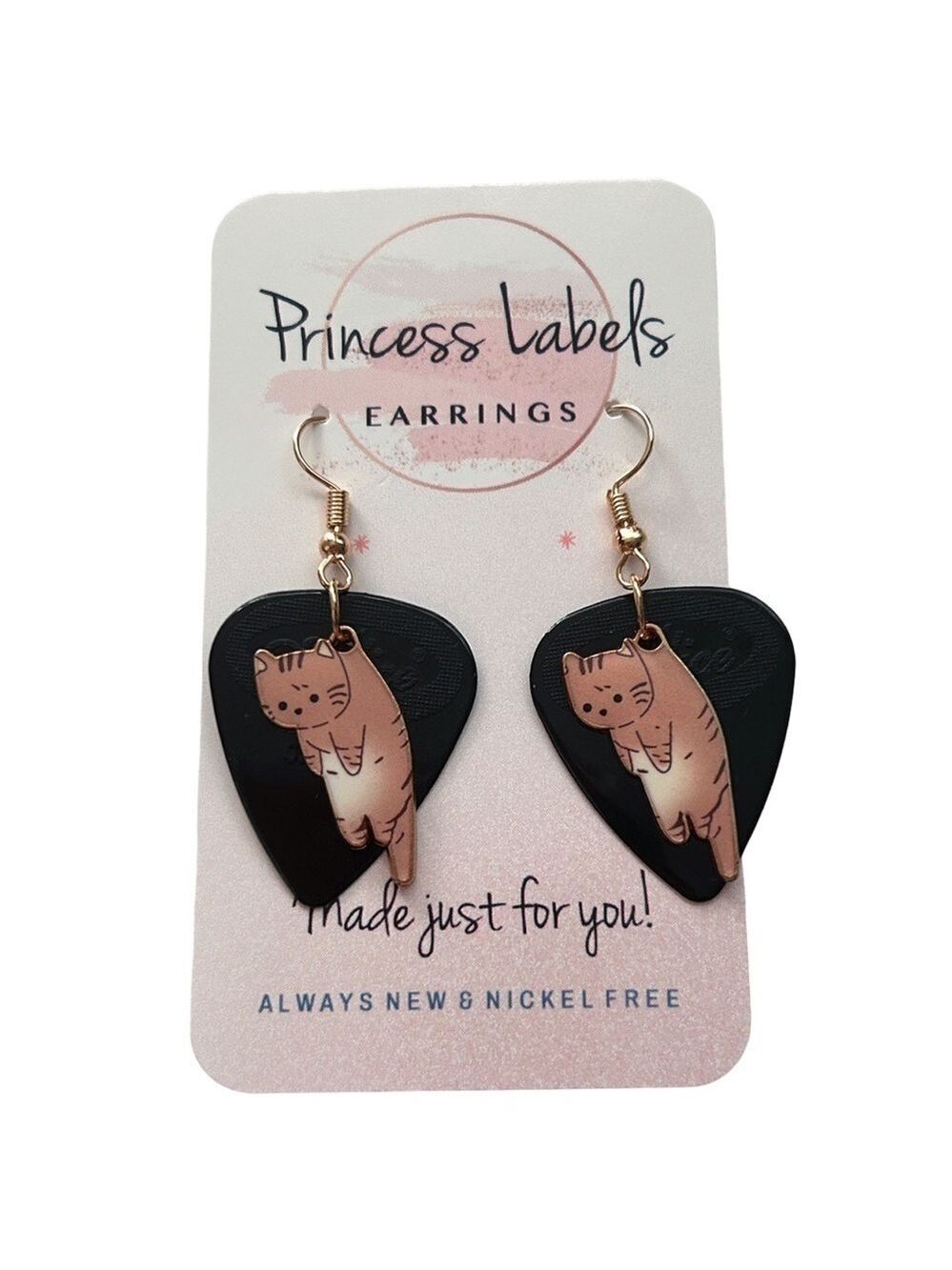 Hand Crafted Earrings Repurposed Black Alice Nylon Guitar Picks Tabby Cat